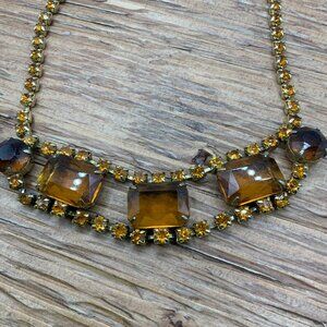 Art Deco Citrine Colored Glass Rhinestone Vintage Gold Tone Choker Necklace